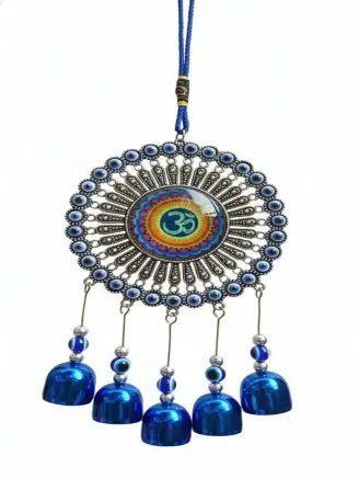 Blue Evil Eye and Om metal hanging decor with blue bells for home and car protection, 12 x 6 inches