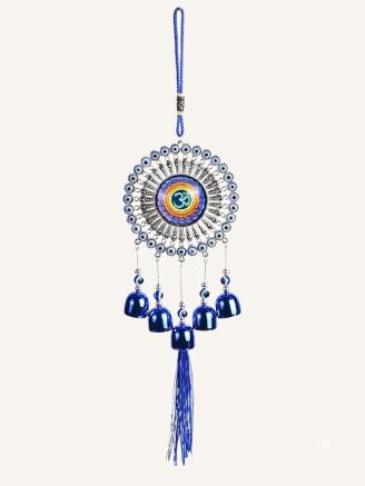 Handmade blue evil eye Om metal hanging decor with bells and tassels for home, office, and car decoration