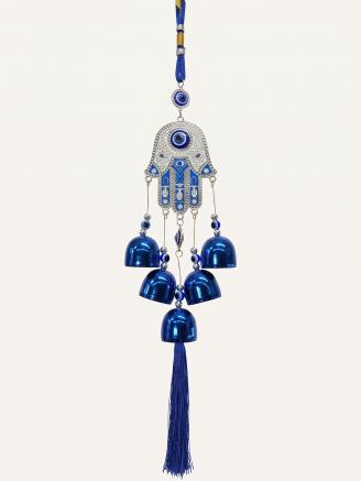 Handcrafted Hamsa Hand Evil Eye wind chime wall hanging with blue Nazar accents, five metallic bells, and decorative tassel, 11-inch hanging décor for home, office, entrance, and balcony.