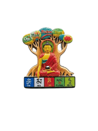 Colorful Om Mani Padme Hum Buddha fridge magnet with tree design for spiritual home and kitchen decor