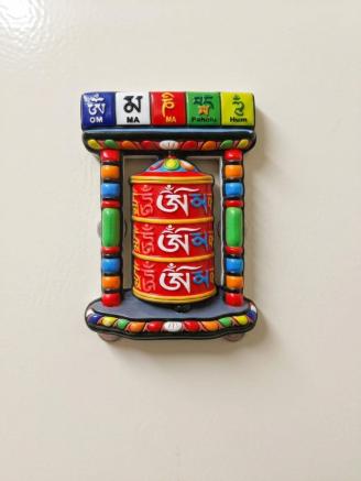 Colorful Om Mani Padme Hum Buddha fridge magnet with tree design for spiritual home and kitchen decor